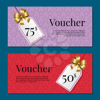 Voucher on 50-75 set of posters with gold tags label on ribbons with bow on abstract red and purple Gift certificates with place for text vector