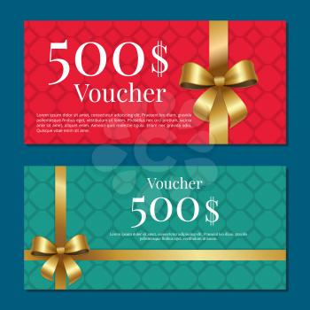 Voucher on 500 set of posters with gold ribbons and bows on abstract red and green. Gift certificates for discounts in fashionable stores vector
