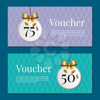 Voucher on 50-75 set of posters with gold tags label on ribbons with bow on abstract blue and purple Gift certificates with place for text vector