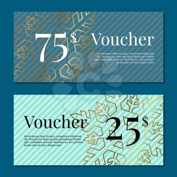 Voucher on 25 -75 set of posters with gold tags label on ribbons with bow background snowflakes. Gift certificates with place for text vector