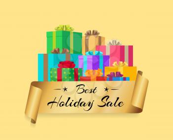 Best holiday sale promo poster with golden ribbon and pile of present gift boxes in decorative wrapping with decor bows vector illustration on beige