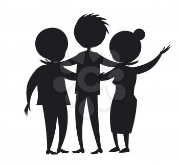 Happy mature family wife and husband and their grown up son vector isolated on white black silhouette. Family members cartoon characters colorless