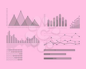 Set of graphic symbols for infographics. Statistic information presentation elements vector collection. Graphics peaks, curves fluctuations and column diagrams for business, social, political concepts