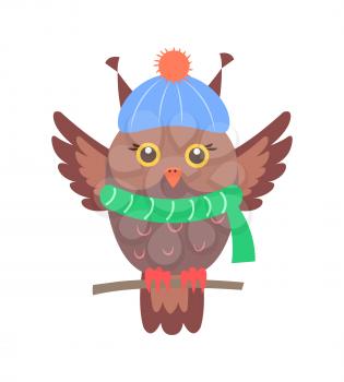 Closeup of brown owl sitting on branch and wearing blue hat and green knitted scarf, represented on vector illustration isolated on white