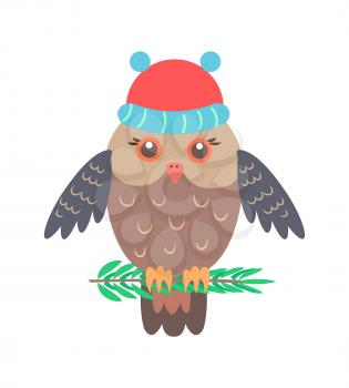 Closeup of owl with red knitted hat, animal that symbolize wisdom sitting on branch on vector illustration isolated on white background