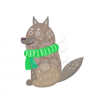 Closeup of wolf wearing green knitted scarf and looking somewhere in distance, represented on vector illustration isolated on white