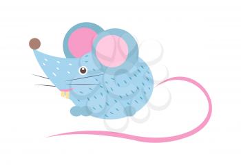 Closeup of blue mouse with long pink tail and two big teeth, image represented on vector illustration isolated on white background