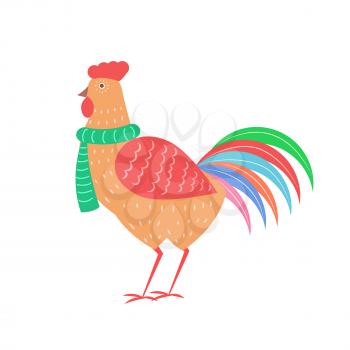 Closeup of rooster with feathers of different colors and green scarf, image of cock on vector illustration isolated on white background
