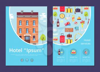 Hotel and services informative Internet page template with brick building and offers from staff for comfortable trip vector illustrations.