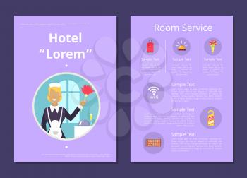 Hotel room service information with cleaning woman, red suitcase, golden bell, flowers in vase, wifi icon, door tag and shelves vector illustrations.