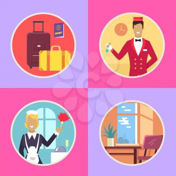 Heavy baggage, international passport, receptionist in red uniform with keys, maid with dust brush and cozy room vector illustrations in circles.