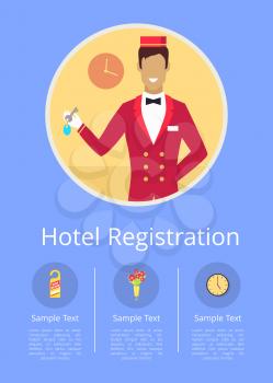 Hotel registration Internet page with receptionist in red uniform that stands and holds room key inside circle vector illustration.