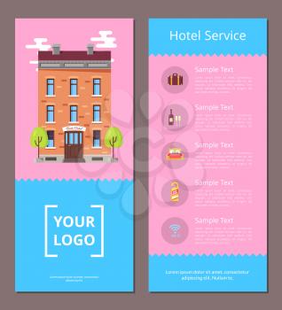 Hotel service booklet template with information and old vintage, bottle of wine, soft bed, door tag and wifi icon vector illustrations.