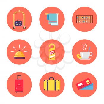 Icons with luggage and hotel stuff like bellmen s cart, towels, do not disturb sign. Vector illustration with icons isolated on white background