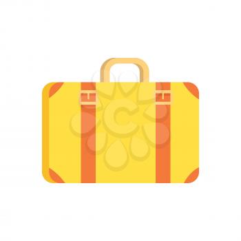 Vintage yellow suitcase with small handle and two brown belts for decoration. Vector illustration of old-school bag isolated on white background