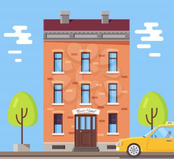 Brick building with sign Best Hotel above entrance. Vector illustration of house with two green trees on both sides and yellow car passing by