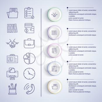 Infographic set of icons, images of paper and handshake, phone and pencil, pen and diagram, with text sample on vector illustration