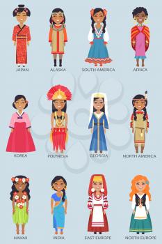 Japan and alaska, south america and africa, korea and polynesia, set of womens icons that represent national costumes vector illustration