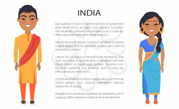 India couple dressed in traditional clothes, woman wearing blue sari with jewelry, and man in yellow, on vector international day poster with text