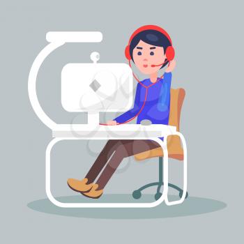Brunette woman with red headphones and red microphone sitting at desk with computer in office. Beautiful female working at laptop with web camera. Vector illustration flat design cartoon style.