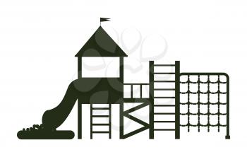 Big playground for kids with different ladders, kind of balcony with crown, tube and inflatable pool with little balls black silhouette vector illustration