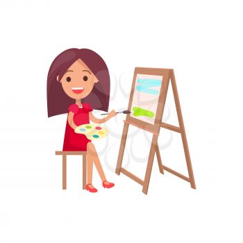 Girl with thick brown hair in red dress sitting on stool working on painting supported by easel isolated vector illustration on white