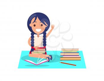 Cheerful girl with double braids sitting on white blue mat with piles of hardcover books isolated vector illustration on white background
