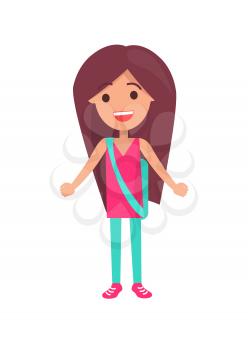 Smiling girl with long thick brown hair dressed in pink sleeveless t-shirt and light blue trousers isolated vector illustration on white