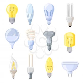 Collection of different bulbs isolated on white background. Vector illustration with set of twelve different shaped electric bulbs