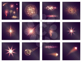 Twelve different light effects on transparent background. Vector illustration of abstract and radiant, wavy and fading shine actions.