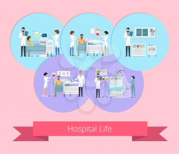 Hospital life visualization bright poster with doctors, patients, medical equipment and drugs. Vector illustration with clinic on light pink background