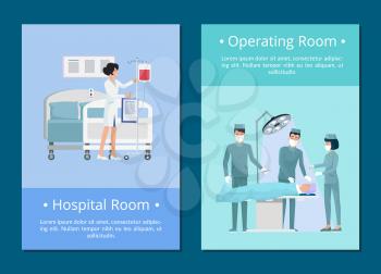 Hospital and operating room, nurse preparing room for patient and surgeons doing a procedure to ill person vector illustration isolated on blue