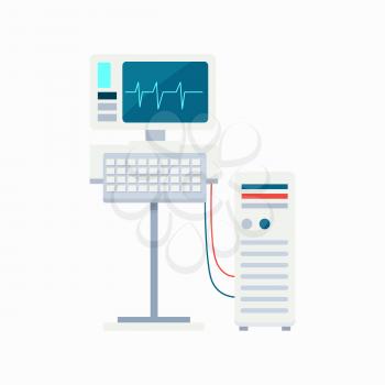 Electrocardiogram equipment with monitor and keyboard connected to computer. Vector illustration with ecg with heartbeat on screen isolated on white background