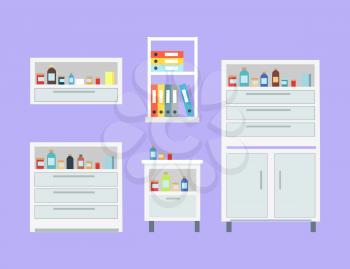 Medicine set of drawers and items on them, documents and files with information, bottles of different colours with liquids on vector illustration