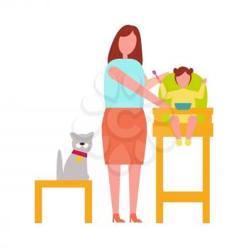 Woman taking care after infant and cat sitting near to them. Colorful vector illustration of mother and child isolated on white background