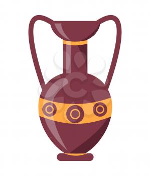 Tall clay ancient Greek vase with narrow neck and two long handles connecting lip to wide ornamented body isolated illustration on white background