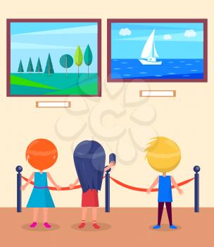 Art gallery excursion for school children. Kids watching on seascape with sailboat, landscape with trees vector illustration in museum hall