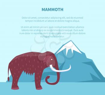 Mammoth near mountain with ice top vector banner with text. Ancient mammal, prehistoric creature with brown fur and skulls living in cold conditions
