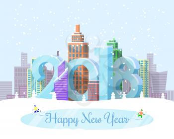 Happy new year snowy city landscape and skyscrapers on background and children playing in foreground depicted on vector illustration