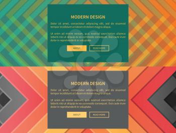 Modern design web pages set of two, crossed rectangles and triangles with headline and text sample with buttons in frame vector illustration