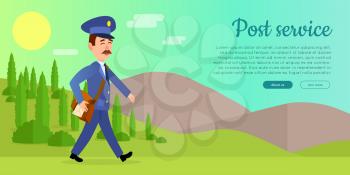 Post service cartoon web banner. Postman in uniform walking with bag full of letters on sunny mountain background flat vector illustration. Horizontal concept for mail or deliver company landing page