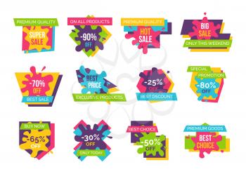 Big super sale up to 90 bright colorful promotional emblems set with paint blots isolated cartoon flat vector illustrations on white background.
