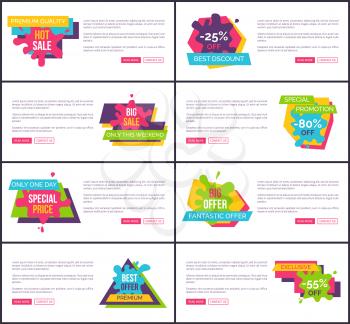 Fantastic offer with huge sale promotional Internet page template with sample text and colorful paint blots vector illustrations set.