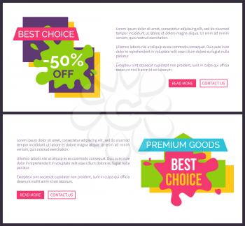 Best choice -50 off, premium goods, web pages collection including text, headlines placed in frames and pink buttons on vector illustration