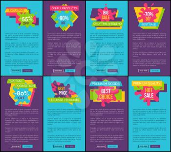 Blue and purple Internet posters with huge sale offer signed on bright stain blots and sample texts isolated vector illustrations set.
