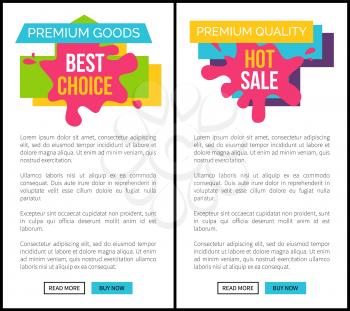 Hot sale for premium quality goods Internet pages templates with sample texts and bright paint blots with signs vector illustrations set.