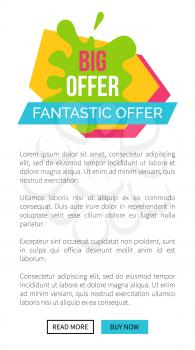 Big offer fantastic, webpage with lettering written on green blot and shape, ribbon and sample text, buttons on vector illustration web poster