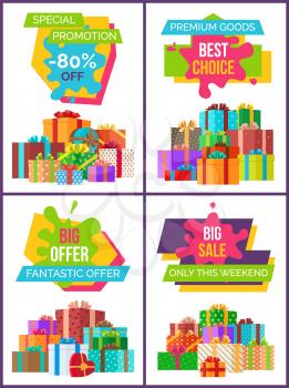 Special promotion and best choice, big and fantastic offer only this weekend, posters with decorated presents vector illustration isolated on white
