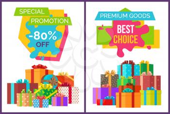 Special promotion best choice sale clearance on colorful signs on white background. Vector illustration with discount advert with gift boxes