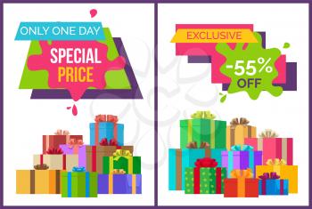 Only one day special price exclusive sale promotional posters with present boxes wrapped in decorative paper and ribbons vector illustrations.